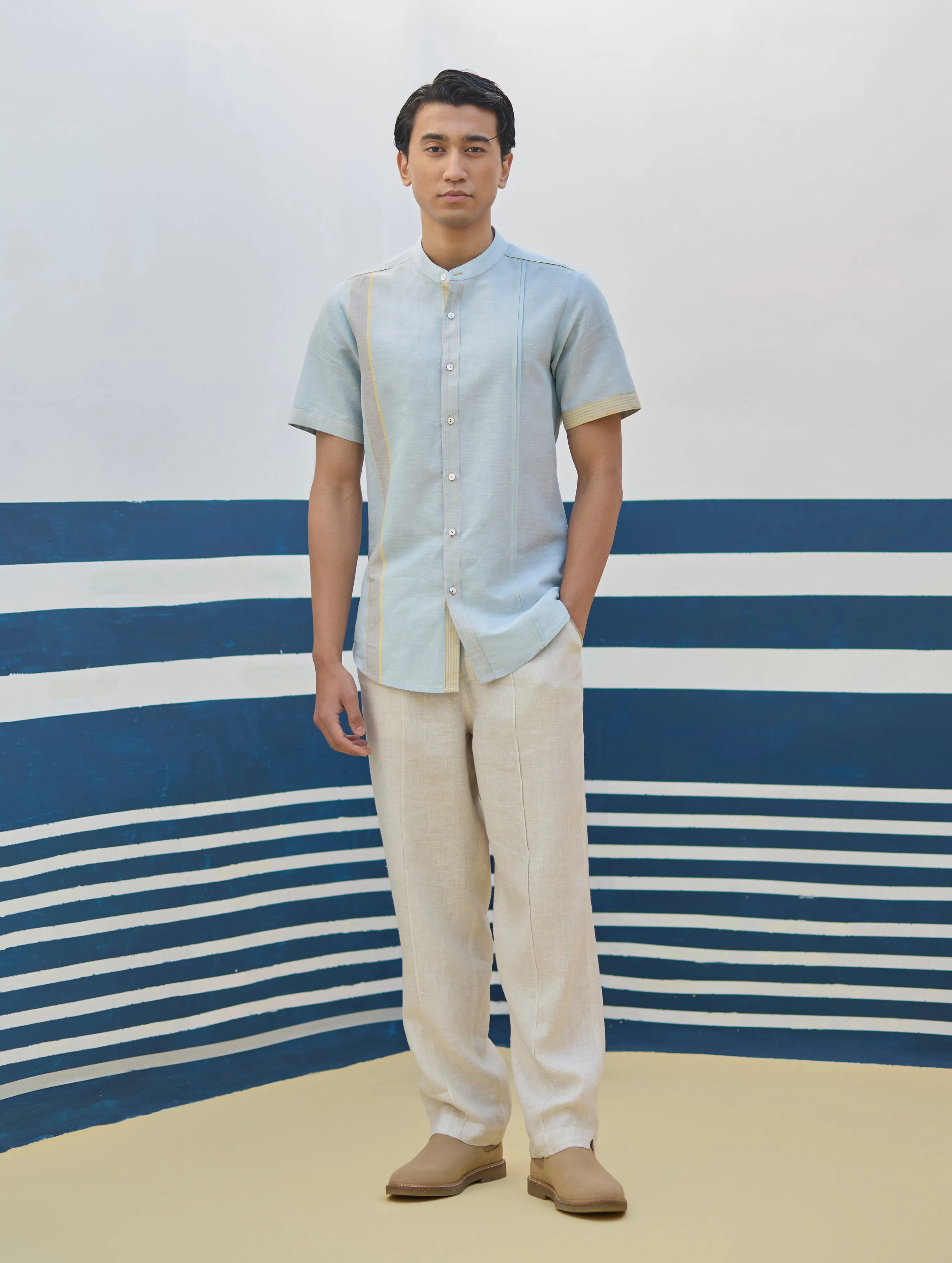 Niko Border Linen Shirt - Sky