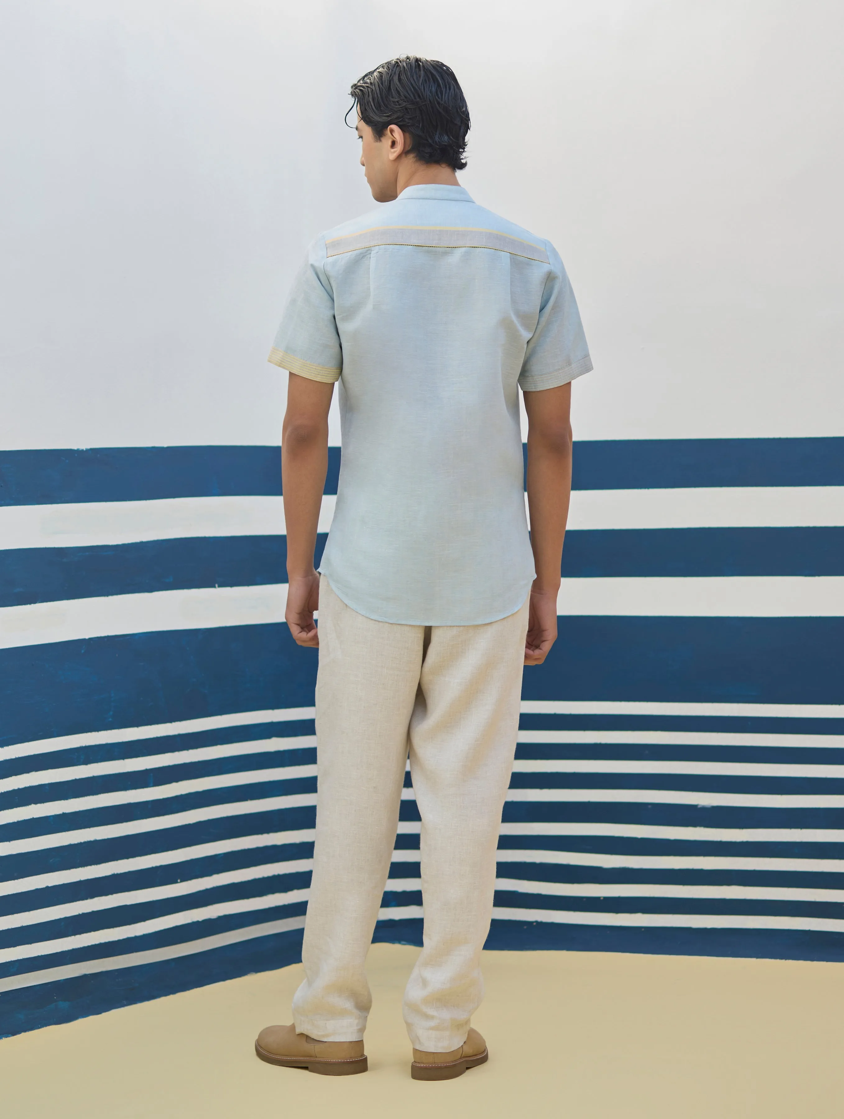 Niko Border Linen Shirt - Sky