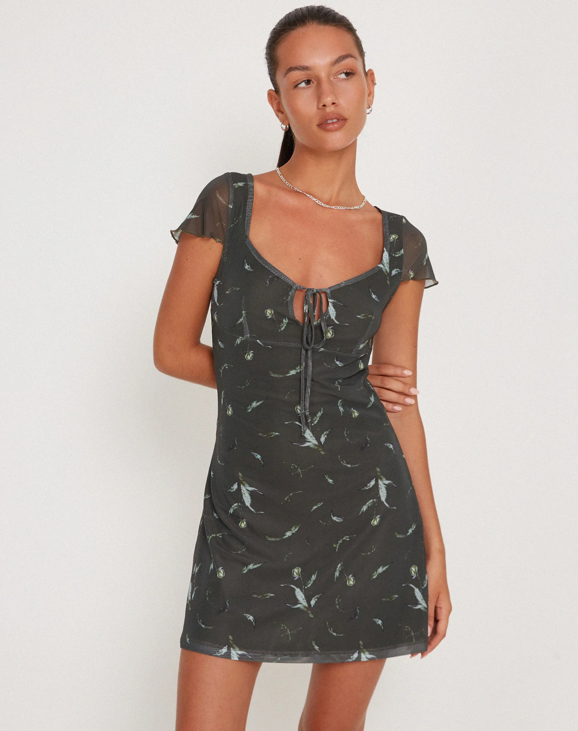 Noura Mesh Mini Dress in Floral Khaki Silhouette