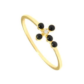 Pearled Cross Diamond Black Ring, Yellow Gold, Size 4.75