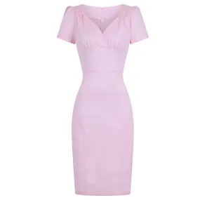 Pink 40s Short Sleeve Wiggle Wrap Look Summer Pencil Dress