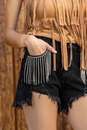 Presley Rhinestone Denim Shorts- Black