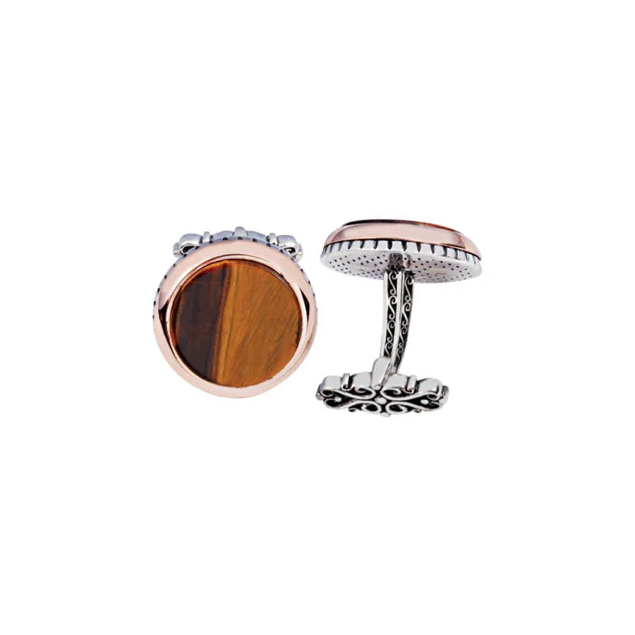 Silver Tiger Eye Stone Round Cufflink