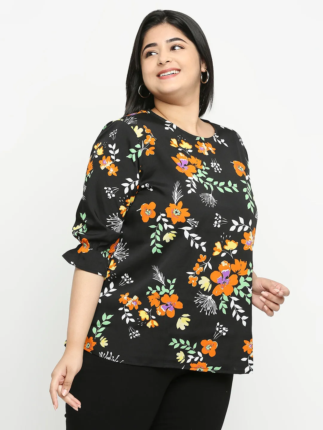 Style Quotient Women Black And Orange  Floral Polyester Regular Smart Casual Top