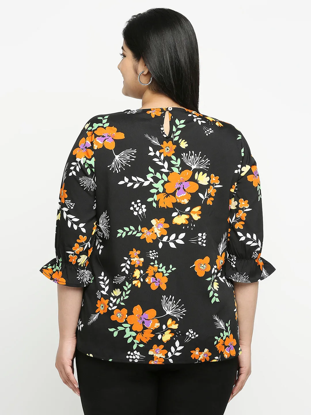 Style Quotient Women Black And Orange  Floral Polyester Regular Smart Casual Top