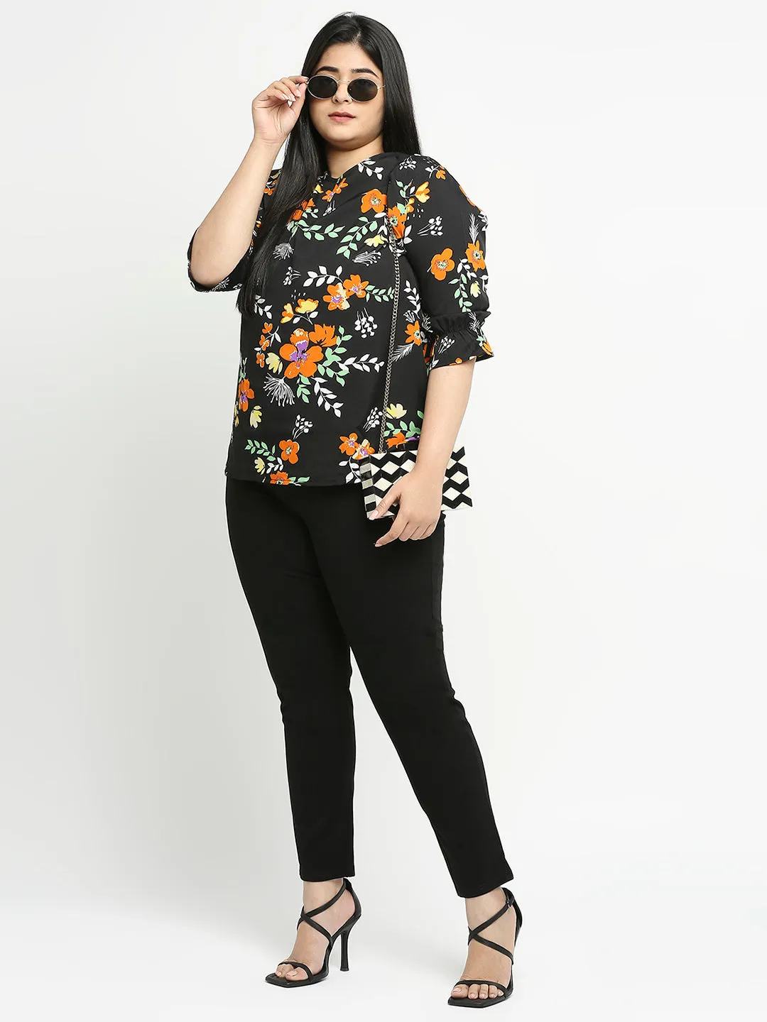 Style Quotient Women Black And Orange  Floral Polyester Regular Smart Casual Top