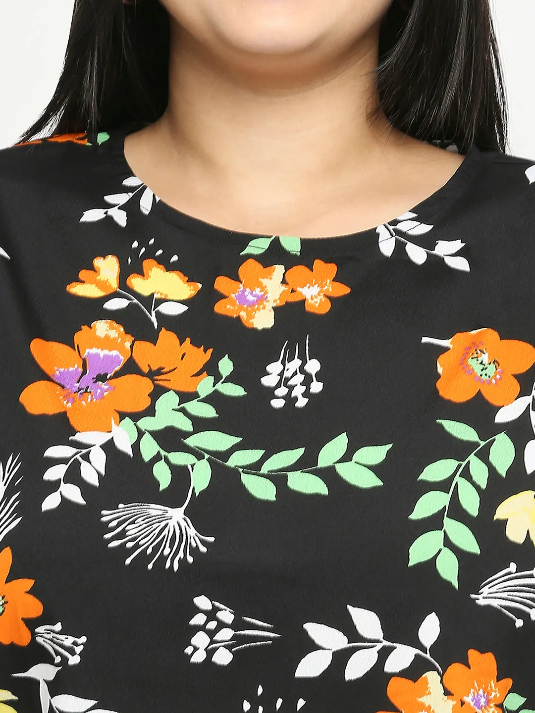 Style Quotient Women Black And Orange  Floral Polyester Regular Smart Casual Top