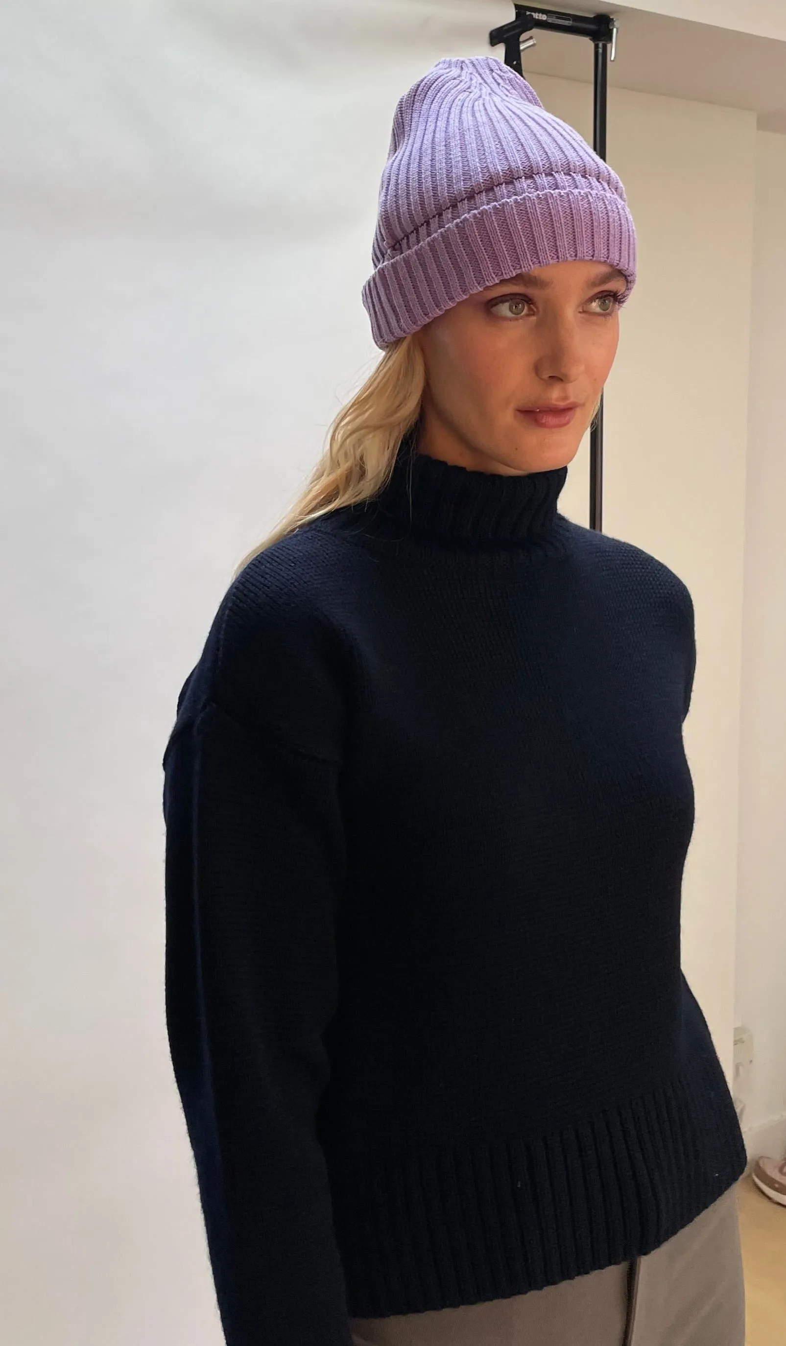 Violet Merino Ribbed Beanie Hat