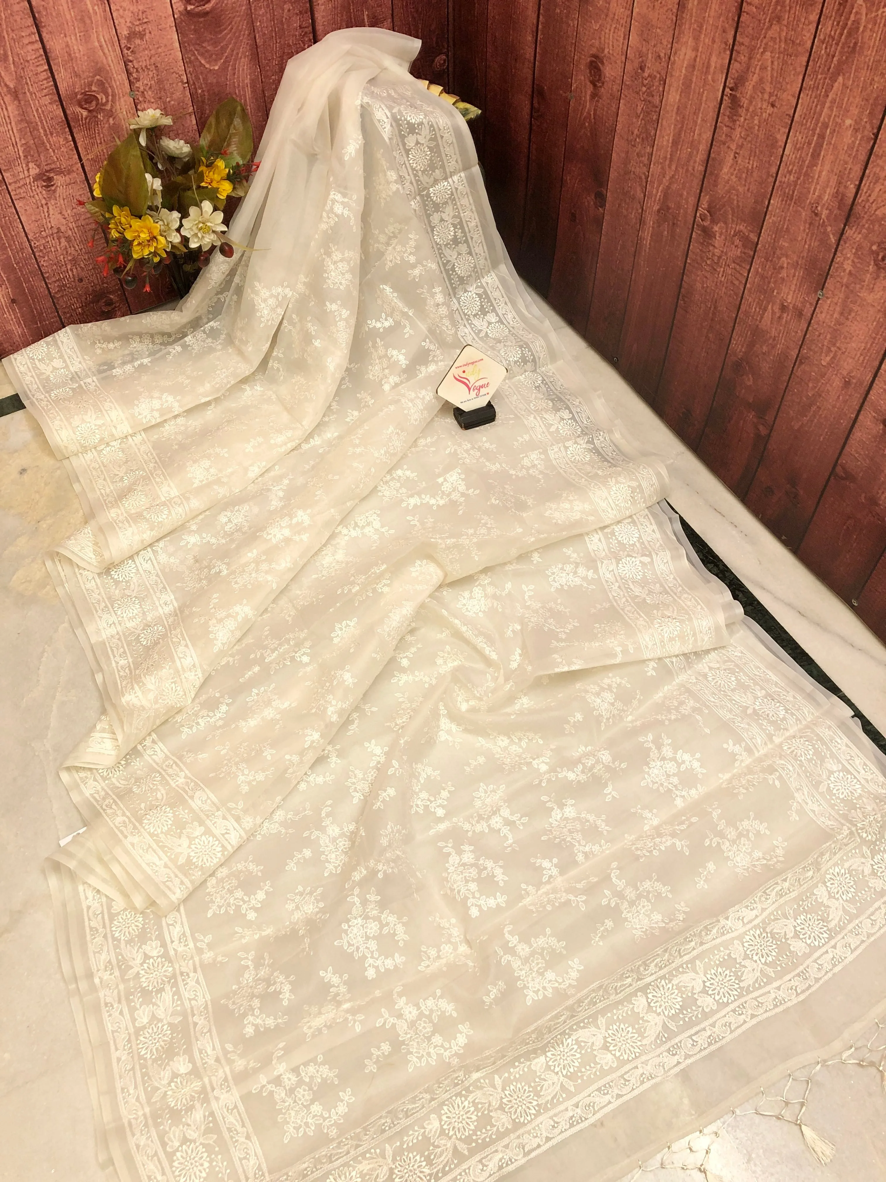 White Color Designer Organza Saree with Chikankari