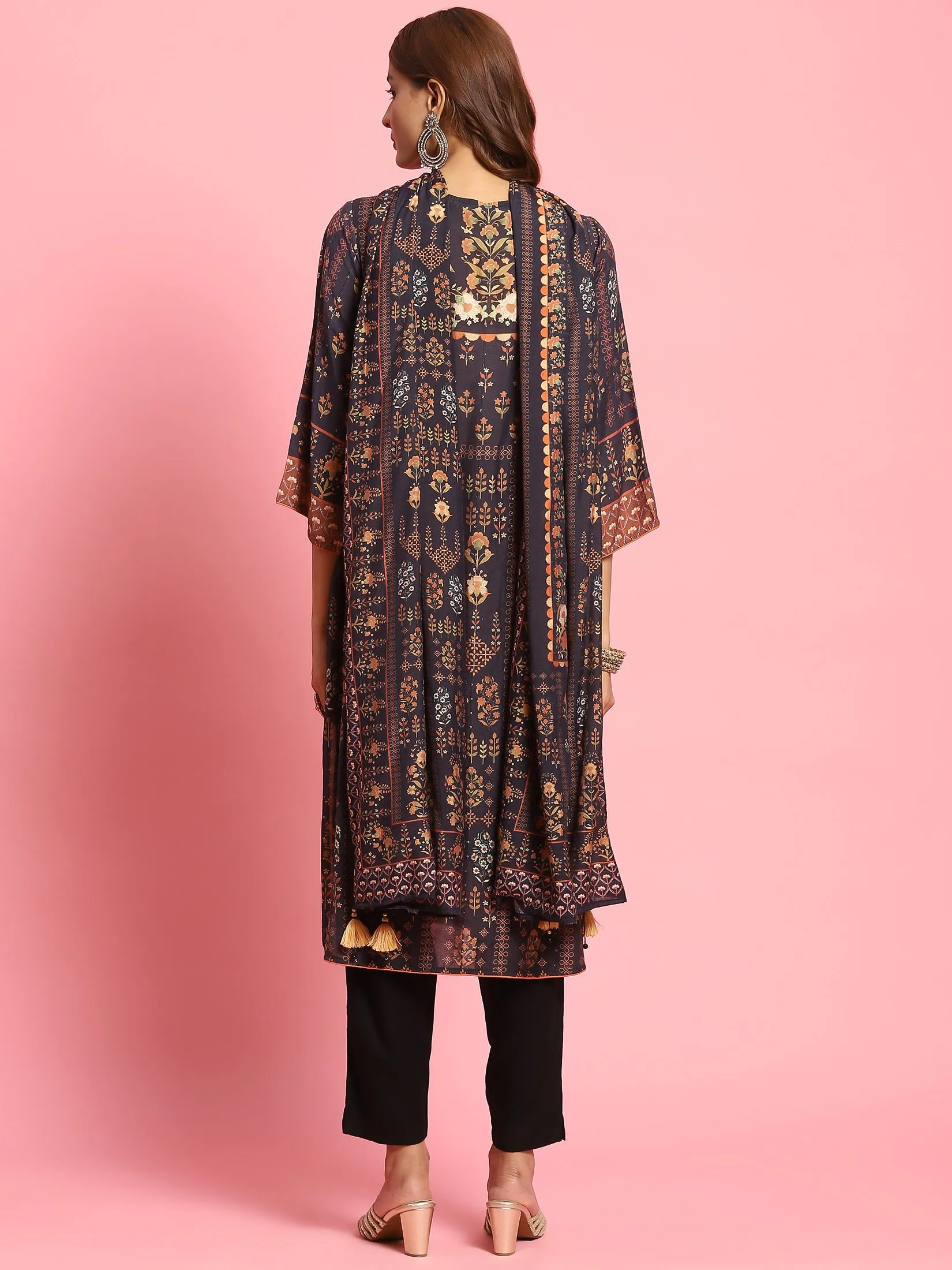 Women Black Floral Printed Kurta Trouser Dupatta