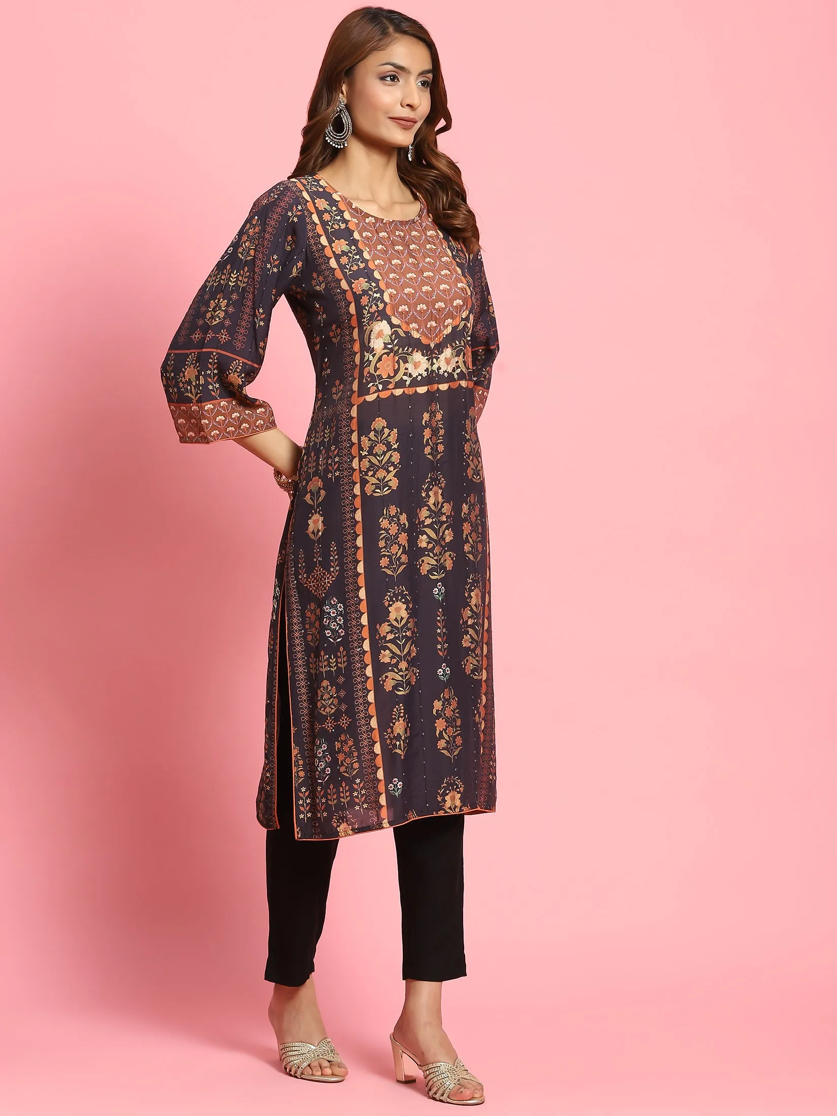 Women Black Floral Printed Kurta Trouser Dupatta