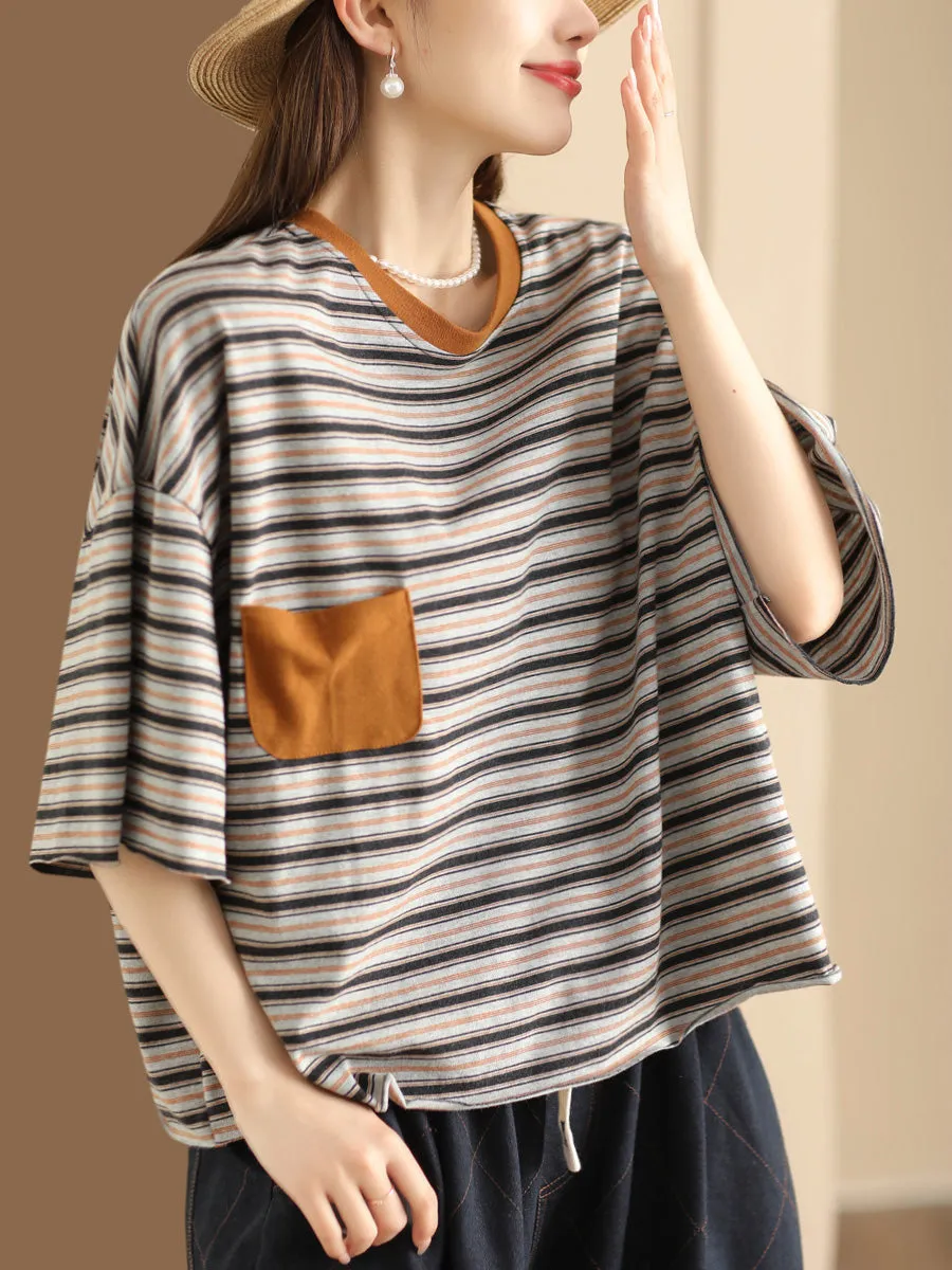 Women Casual Summer Stripe Spliced Loose Shirt CO1047