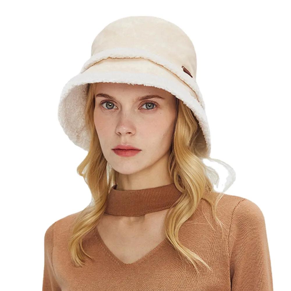 Women Suede Lamb Hair Casual Fashion Elegant Keep Warm Outdoor Bucket Hat