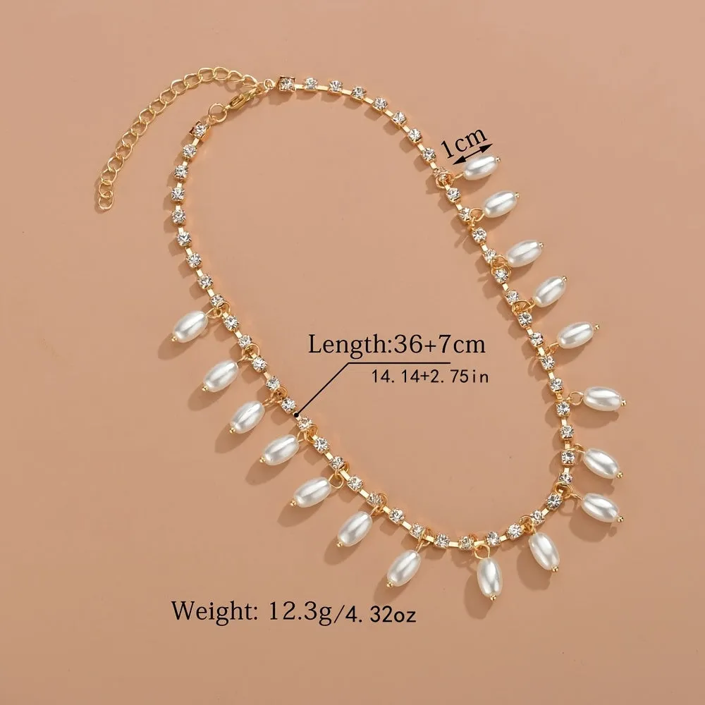 Women's Elegant Faux Pearl Pendant Rhinestone Claw Chain Necklace For Girls