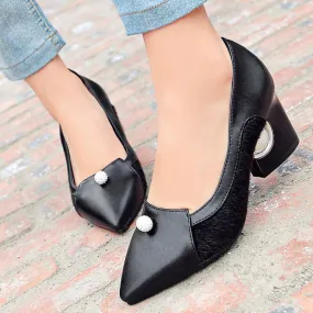 Women's Pearl High Heeled Chunky Heels Pumps