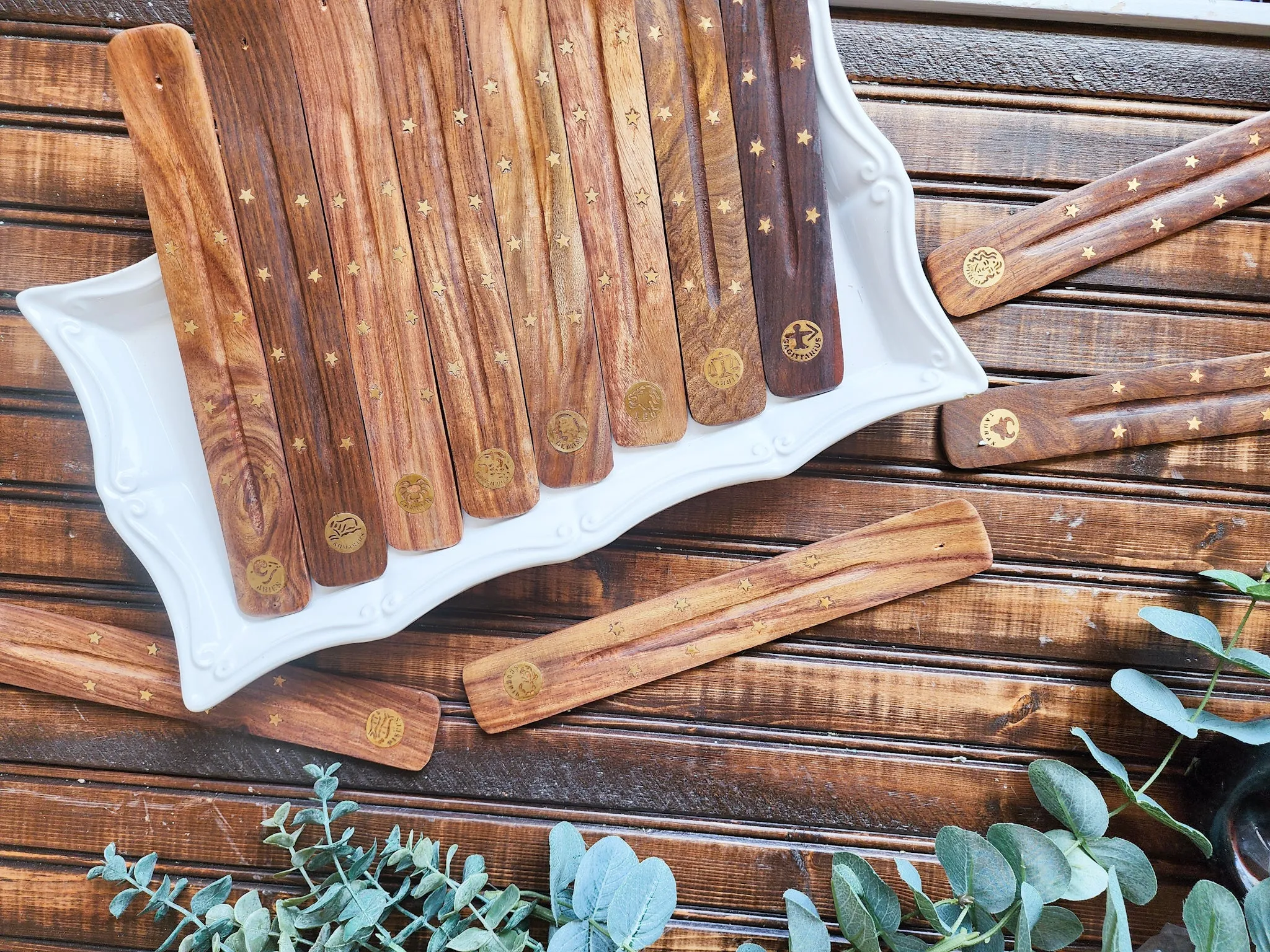 Wooden Metal Inlay Incense Boat Burner || Zodiac